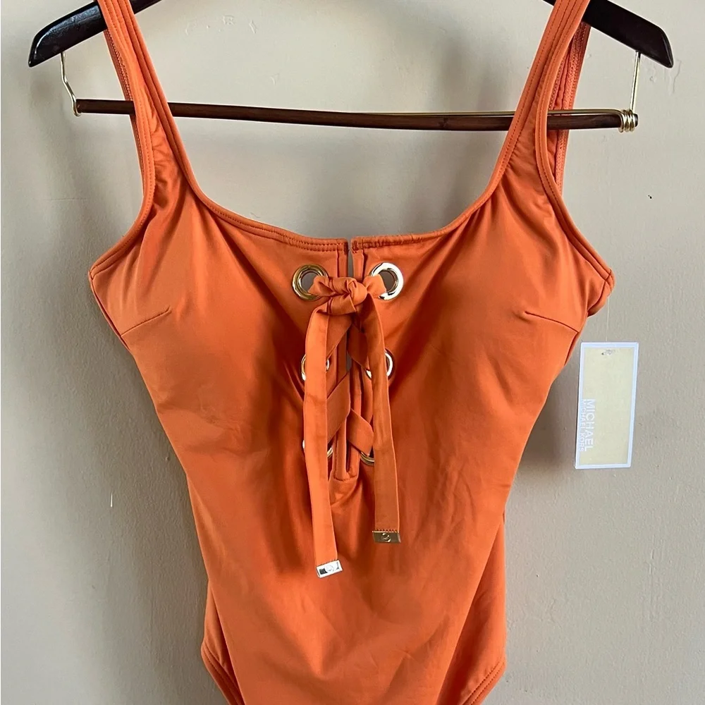 NWT MICHAEL Michael Kors Lace Up One Piece Swimsuit Sz 12 Beach Vacation Cruise - Picture 8 of 9